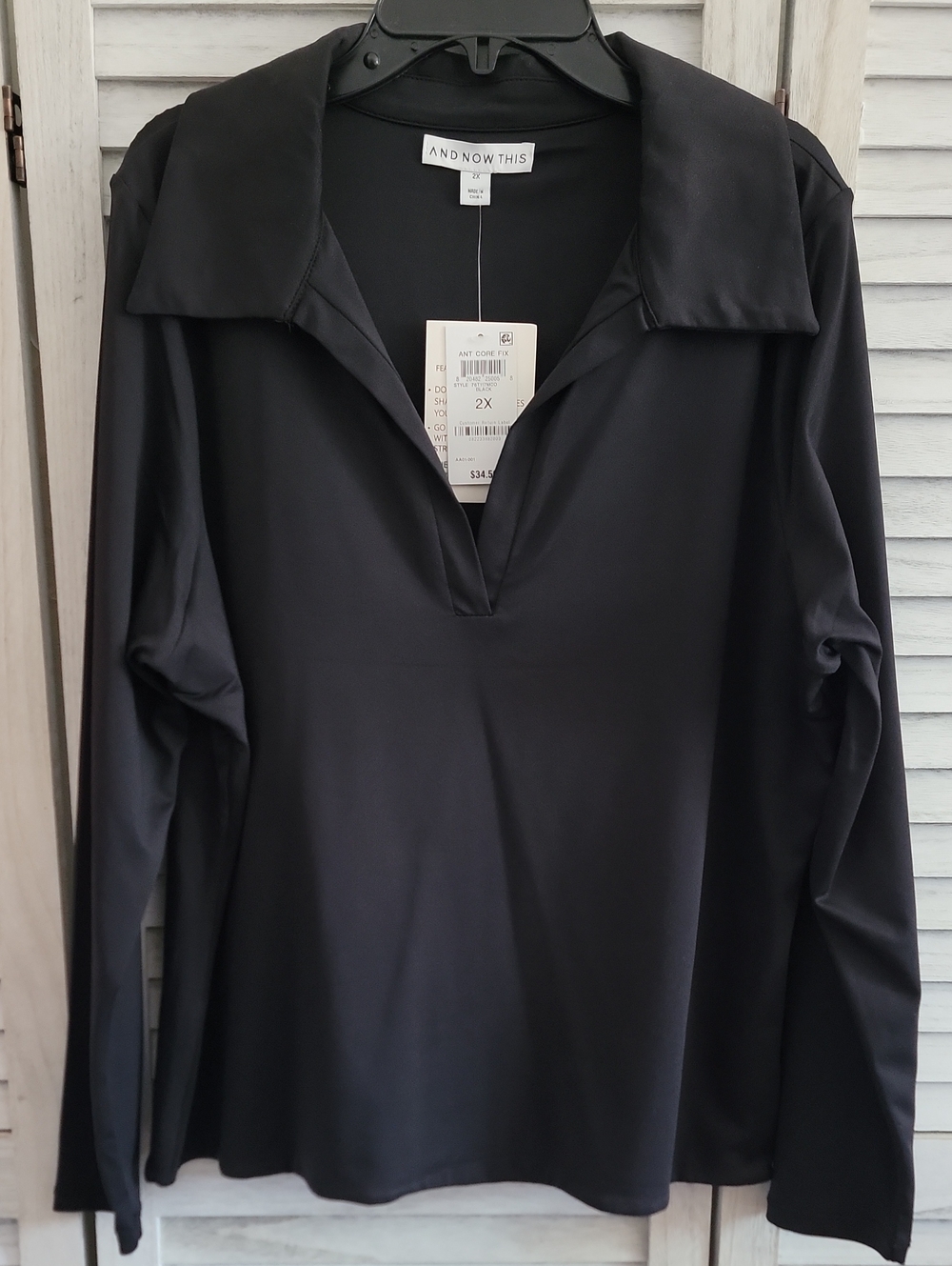 NWT And Now This Black Long Sleeve V-Neck Polo Top Sz 2X Plus Size